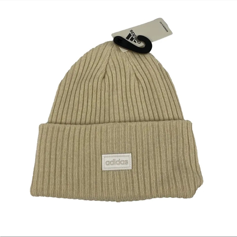 Adidas Women’s Fit Beanie 4”Cuff Fold Aluminum Beige‎ OSFW Ribbed Knit Cap NWT